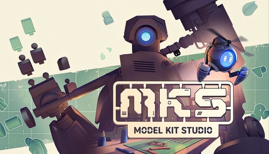 Model Kit Studio: robot builder assembles a model at a workbench with tools and parts scattered in a workshop.
