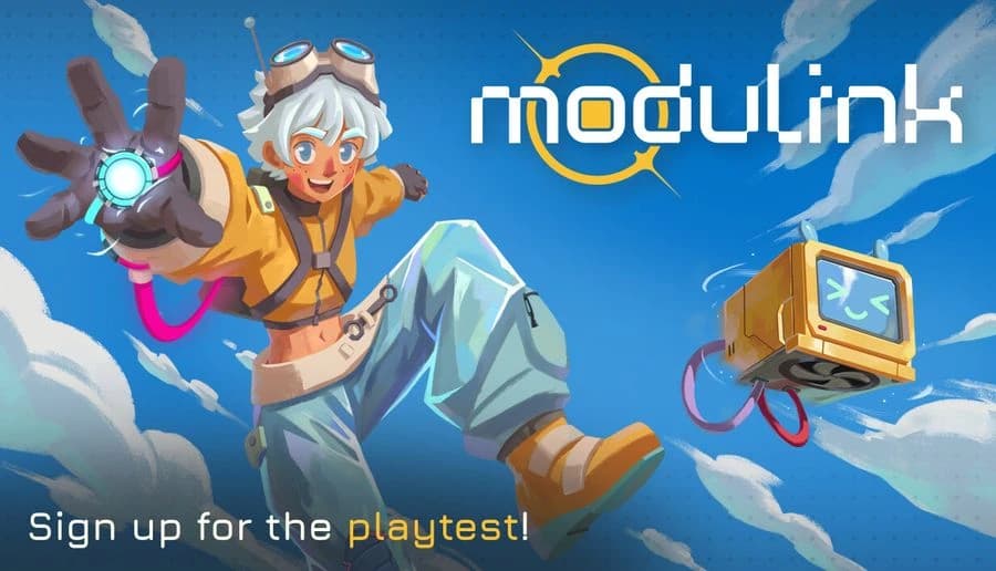 Modulink: white-haired woman with goggles reaching toward viewer, floating robot beside her in bright sky backdrop.