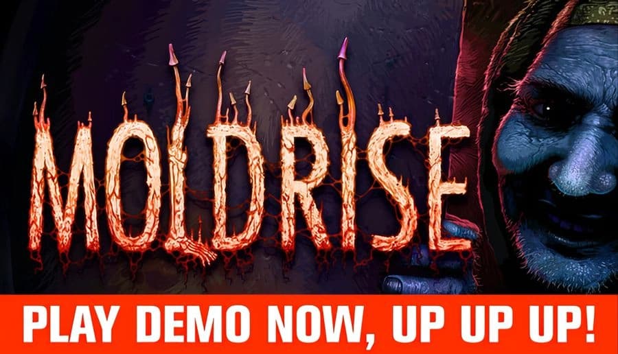 MOLDRISE: Grinning blue-skinned man peeks from behind red curtain in dim room with cracked walls and sparks.