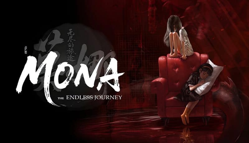 Mona: Young girl crouches on blood-red sofa with pillow, other girl sleeping below. Dark, mysterious environment.