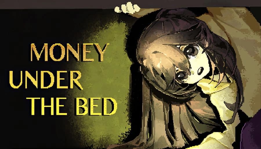 Money Under the Bed: young woman with long dark hair looks back over her shoulder in dim bedroom close-up.
