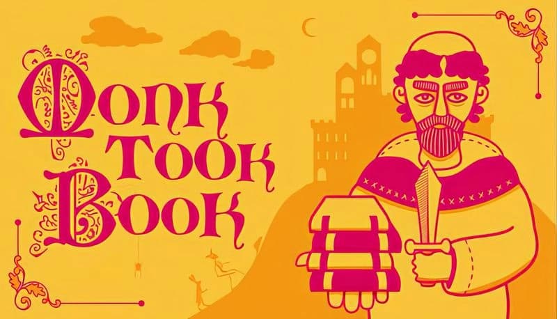 Monk Took Book: Monk holding sword and stack of books, standing before castle with orange sky and distant clouds.