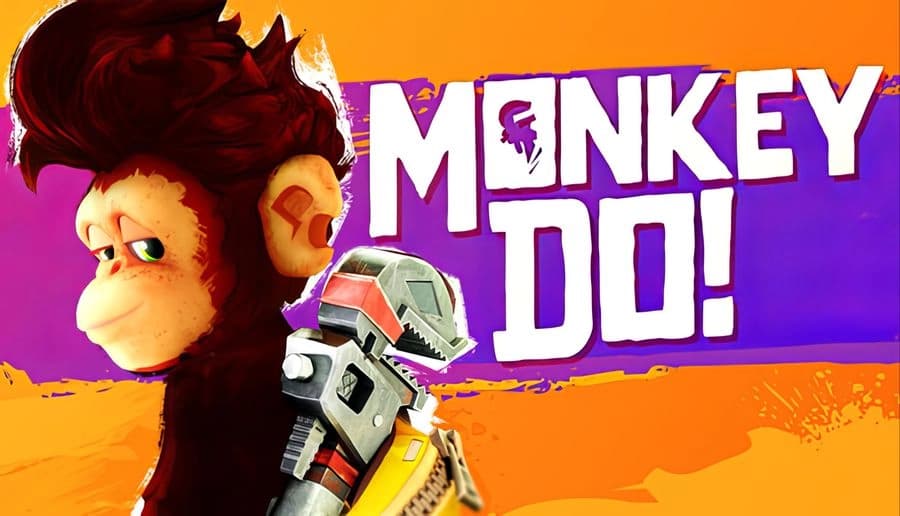 Monkey Do!: Side-profile monkey beside a gray robot fist, purple-orange painted background with large title text.