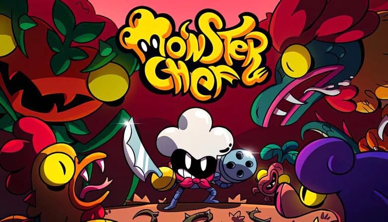 Monster Chef: Pranzo, chef-warrior with cutlass, minigun faces giant cartoon vegetable monsters in vibrant jungle setting.
