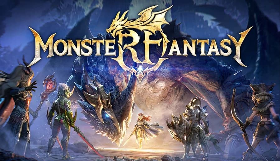 Monster Fantasy: armored heroes and a red-haired woman face a giant dragon under storm clouds on rocky ground.