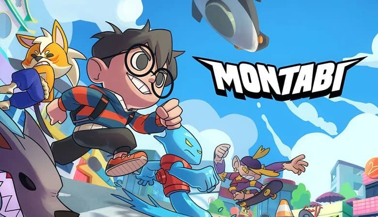 Young boy with glasses sprints joyfully alongside vibrant creatures beneath a bright sky, with a futuristic cityscape behind.