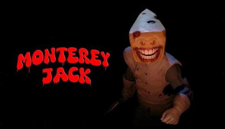 A sinister figure with a large slice of cheese for a head, wide grin, bulging eyes, and a knife stands in dim lighting.