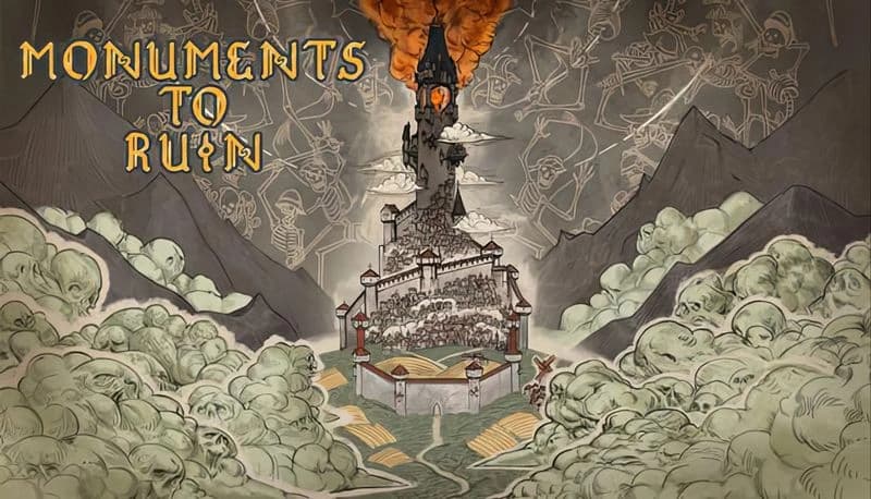 Monuments to Ruin: Dark tower erupts with fiery smoke, surrounded by skeletal armies and misty mountains.