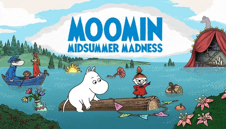 Moomin: Moomintroll stands on a log by a river as Little My waves, with a boat and floating stage nearby.