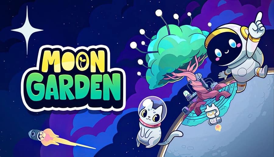 Moon Garden: smiling astronaut floats beside a teal tree and pink deer, with cat, moon, stars in space backdrop.
