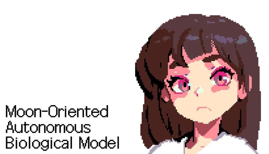 Moon-Oriented Autonomous Biological Model: Pixel art young woman with brown hair and pink eyes on white background.
