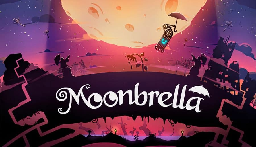 Moonbrella: silhouetted figure holding umbrella under hovering drone, over purple alien ruins and moons in sky.