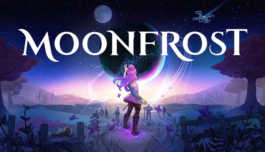 Moonfrost: Pink-haired young woman stands in a meadow under a huge moon, facing a village with glowing lights at dusk.