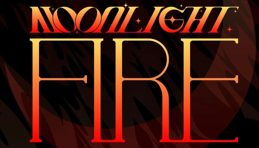 MOONLIGHT FIRE: Large red and gold title over dark striped background with orange glow and sharp angular shadows.