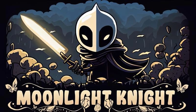 Moonlight Knight: Masked knight wields glowing sword amid dark forest, surrounded by ominous clouds and scattered foliage.