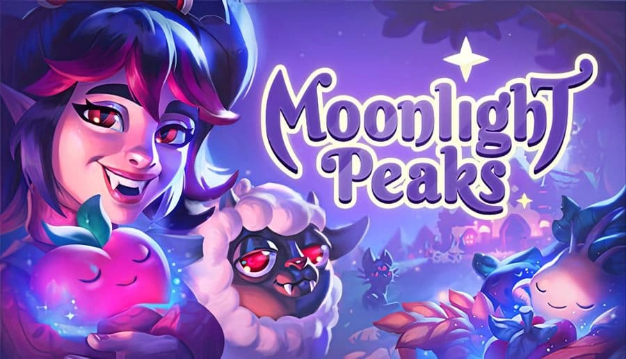 Moonlight Peaks: smiling young woman holds red apple beside sleepy horned sheep, town and castle under moonlit sky.