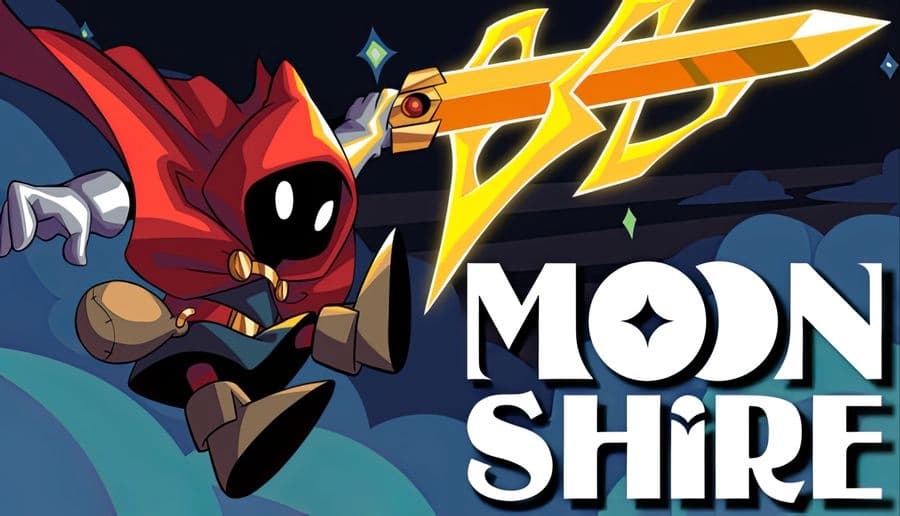 MOONSHIRE: Dark hooded figure leaps, wielding a glowing sword against a cosmic backdrop with shooting stars and vivid colors.