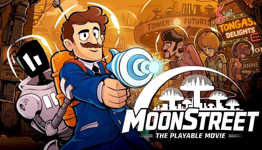 MoonStreet: mustached man aims blue ray gun beside boxy robot, neon city skyline and crowds under orange haze.