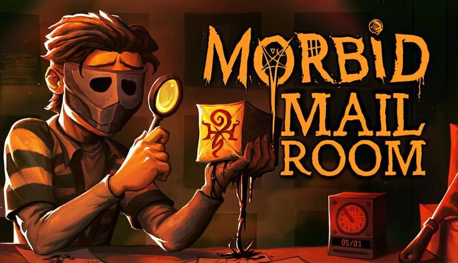 Morbid Mailroom: masked man inspects a small box with a magnifier at a desk in a dim mailroom with lockers.