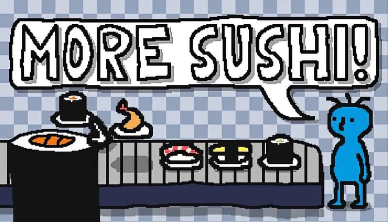 More Sushi!: Blue figure stands by sushi conveyor with plates of sushi, including nigiri and maki, on checkered backdrop.