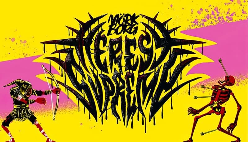 MÖRK BORG Heresy Supreme: Hooded figure and red skeleton battle with weapons in a vibrant yellow and pink background.