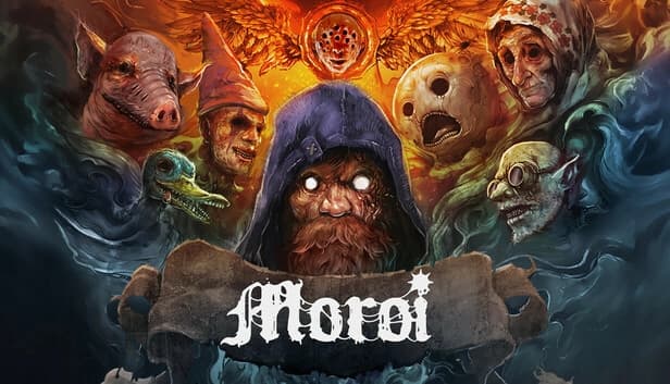 Hooded man with white eyes surrounded by eerie faces: pig, duck, clown, old woman, fiend, and fiery winged figure above.