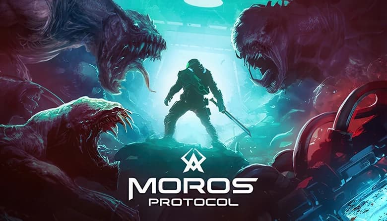 In a dim, chaotic spaceship interior, a figure holds a sword, facing large monstrous alien creatures emerging from shadows.