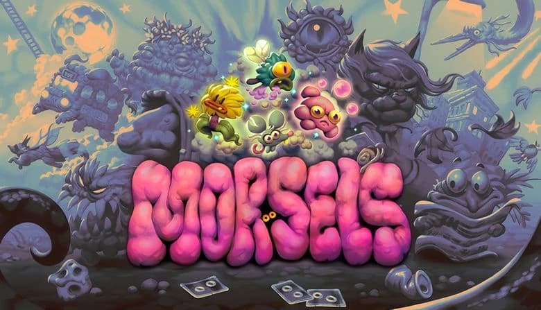 A tiny mouse is surrounded by three colorful creatures. A muted cityscape and looming shadowy figures fill the background.