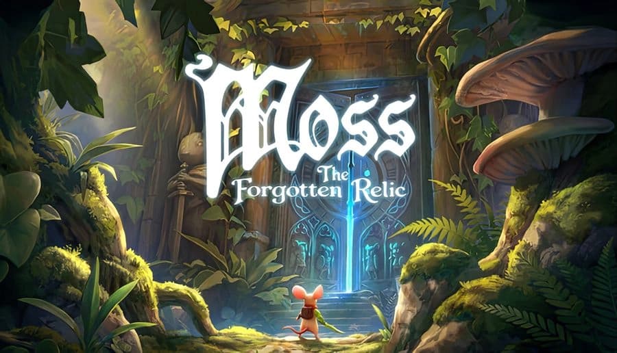 Moss: Small mouse hero faces glowing blue doorway in forest ruins with mossy stones, ferns, and giant mushrooms.