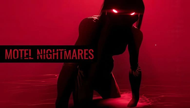 Motel Nightmares: Shadowy female figure with glowing red eyes crawls in red-lit darkness, partially submerged in liquid.