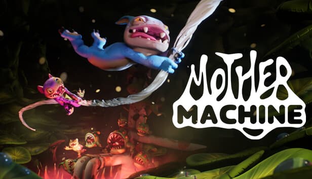Mother Machine: Colorful creatures swing on vines over a jungle with glowing, menacing plant mouths, in a vivid style.