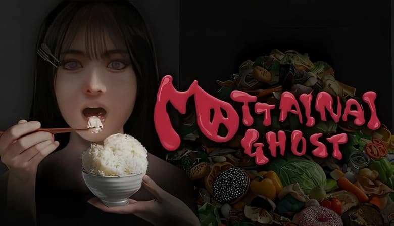 MOTTAINAI GHOST: Young woman eats rice with chopsticks, fork and spoon hairclip, dark backdrop with donut and vegetable pile.