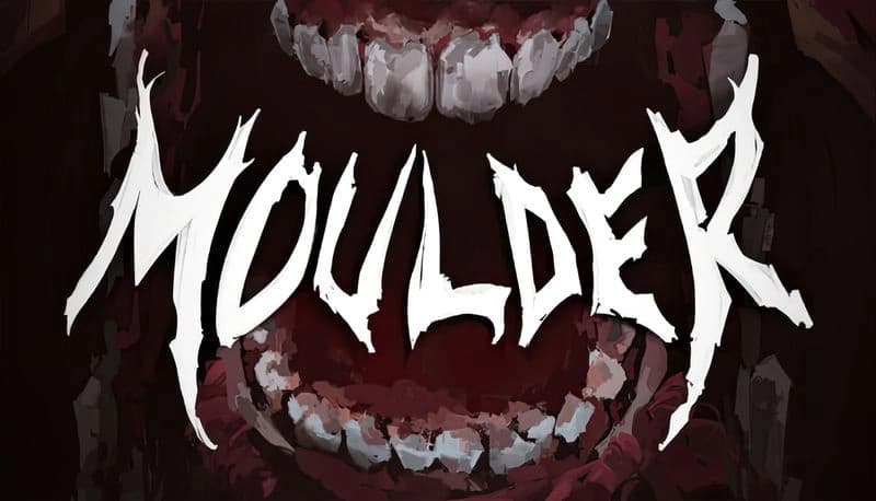 Moulder: Large, sharp-toothed mouth in darkness, teeth clenched. Eerie atmosphere with focus on intimidating dental detail.