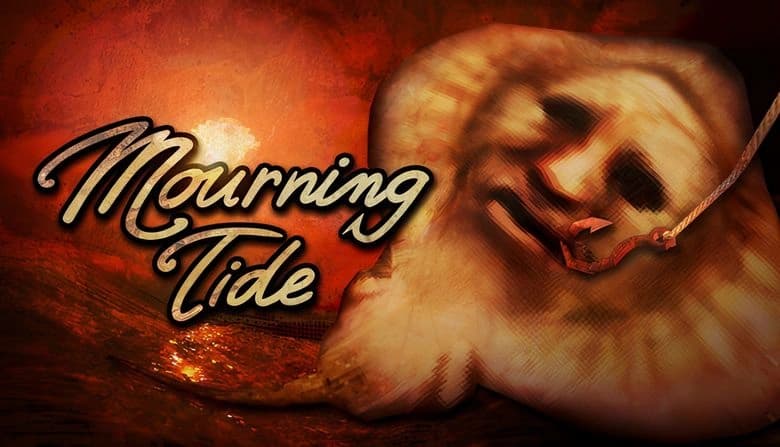 Mourning Tide: Stingray with human face caught on hook in surreal setting under burning sky, sun setting in backdrop.