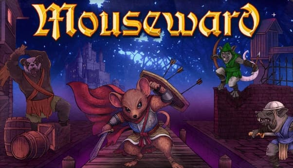 Mouseward: armored mouse knight raises sword and shield, red cape flowing, outside a castle as rats and bear loom.