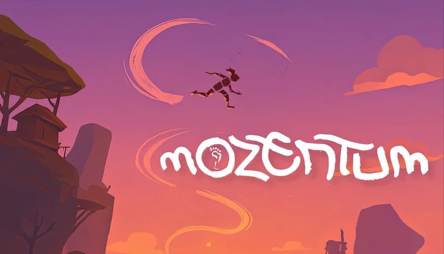 Mozentum: Silhouetted man flips midair above large cursive title over pink sunset sky and desert buildings.