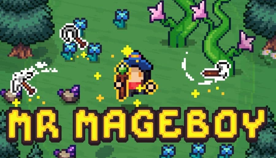 MR MAGEBOY: pixel mage collects sparkling coins and mushrooms beside rabbits in a grassy meadow with flowers and trees.