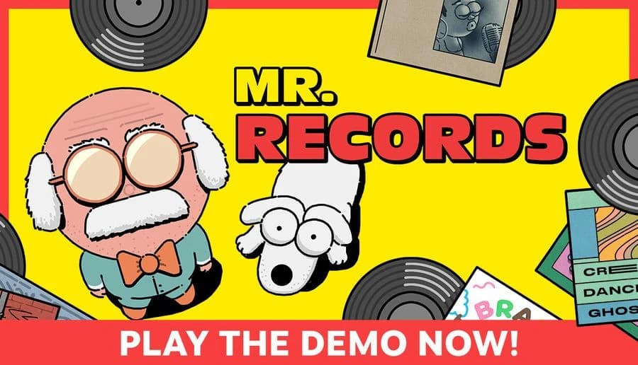 MR. RECORDS: Bald old man with glasses and mustache stands by a dog amid vinyl records on a yellow background.