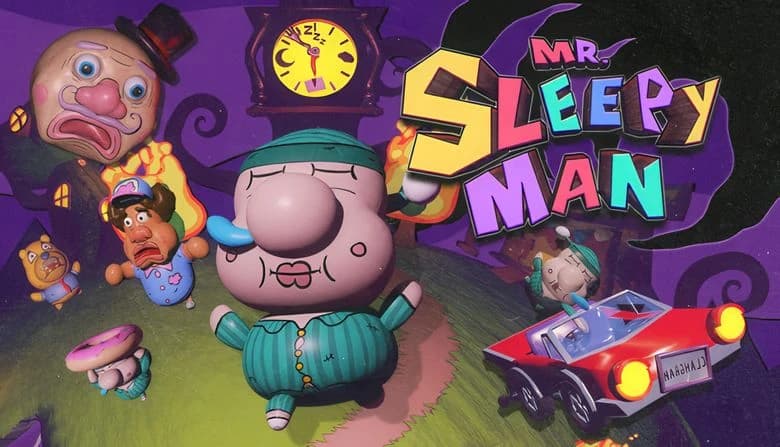 A sleepy man in teal pajamas with snot stumbles down a winding hill. Cartoon characters and a vintage car surround him.