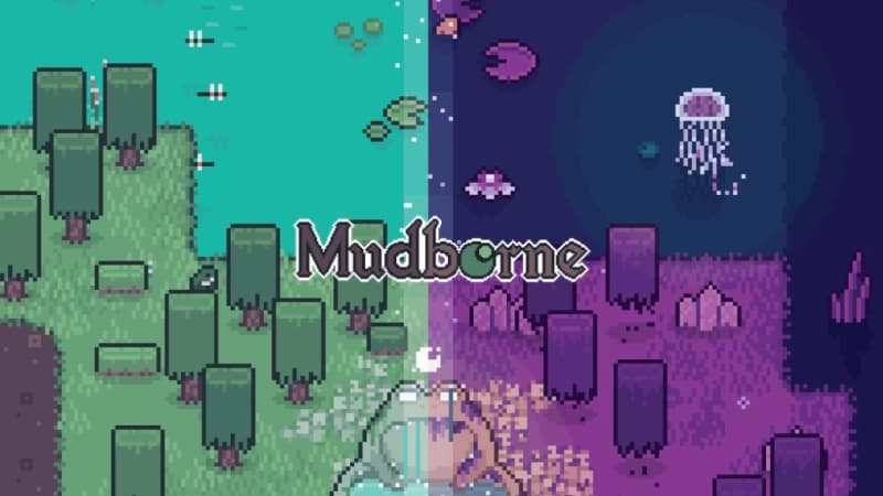 A split pixel-art scene shows a frog amidst lush greenery on the left and an eerie night landscape with a jellyfish on the right.