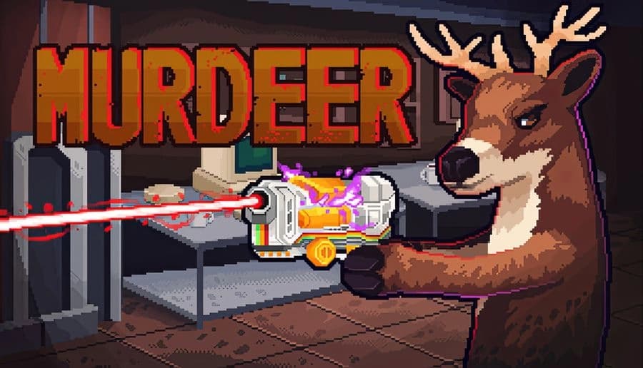 MURDEER: antlered deer fires a laser gun beside a glowing tube in a pixel-art sci-fi lab with crates and monitors.