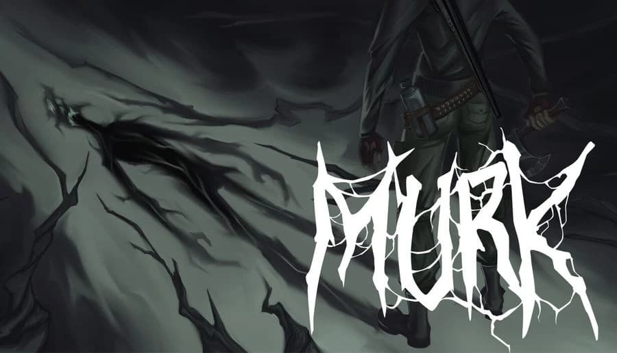 MURK: Jagged white title over dark smoke and twisting black tendrils, with rocky shapes at the upper right edge.