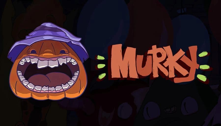 Murky: Grinning pumpkin with wide teeth and purple hat beside jagged Murky title on dark, cluttered backdrop.