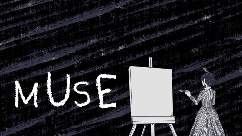 A woman in a vintage dress stands before a blank canvas with a paintbrush, set against a dark, textured background.
