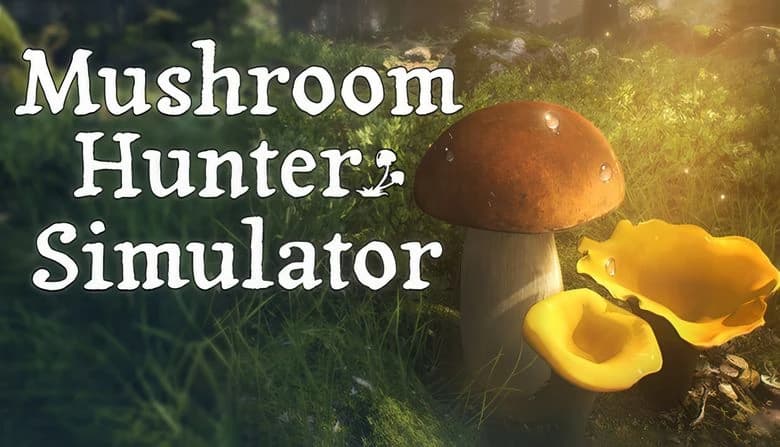 Mushroom Hunter Simulator: Large brown and yellow mushrooms in sunlit forest setting with lush green grass and foliage.