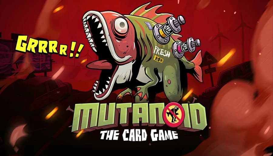 Mutanoid: screaming mutant fish head with huge teeth and bulging eye leans in from right on red smoky backdrop.