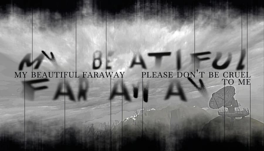 My Beautiful Faraway, Please Don’t Be Cruel To Me: Blurred black graffiti letters on foggy gray wall bleak scene.