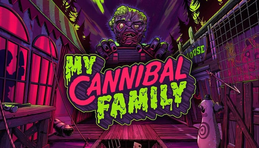 My Cannibal Family: green-skinned monster grips neon title letters in a purple tunnel with barred gates and pipes.