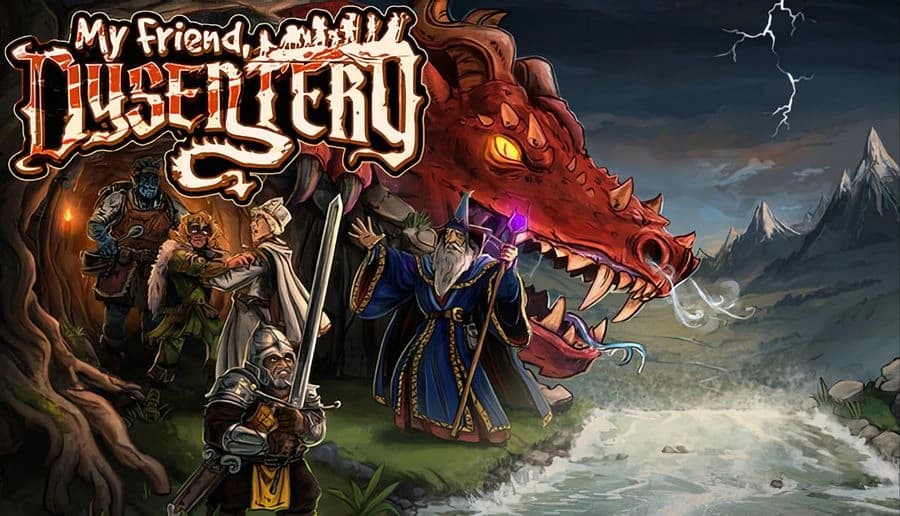 My Friend, Dysentery: three armored adventurers face a red dragon head near a cliff, storm clouds and peaks behind.