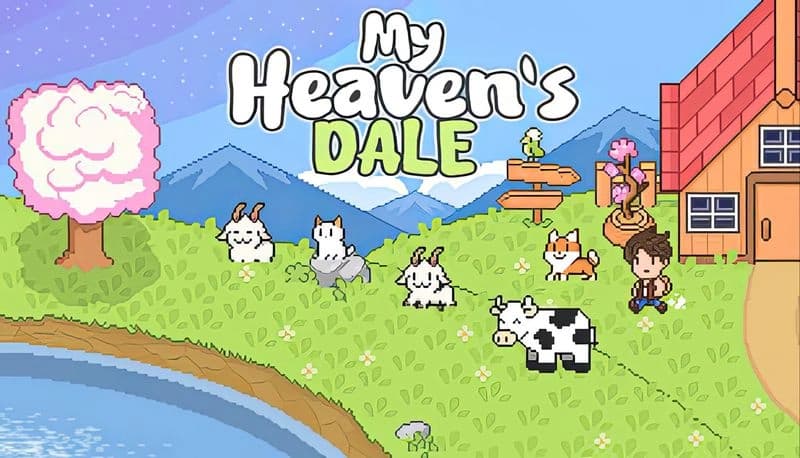 My Heaven's Dale: Young man with animals on grassy hill near wooden house, under clear sky with mountains in backdrop.